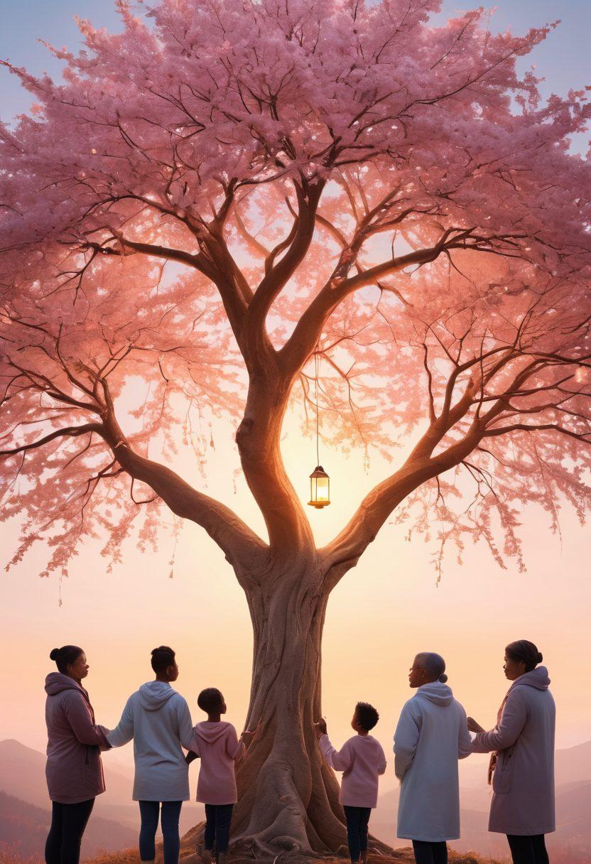 A serene representation of a diverse group of people, united in support, gathered around a glowing tree of hope symbolizing resilience and strength in the face of cancer. The background features soft, calming colors to evoke comfort and understanding, while each person holds a small lantern, representing their journey and empowerment. Include subtle elements like medical symbols intertwined with nature to illustrate the combination of health and healing. super-realistic. calming color palette. warm lighting.
