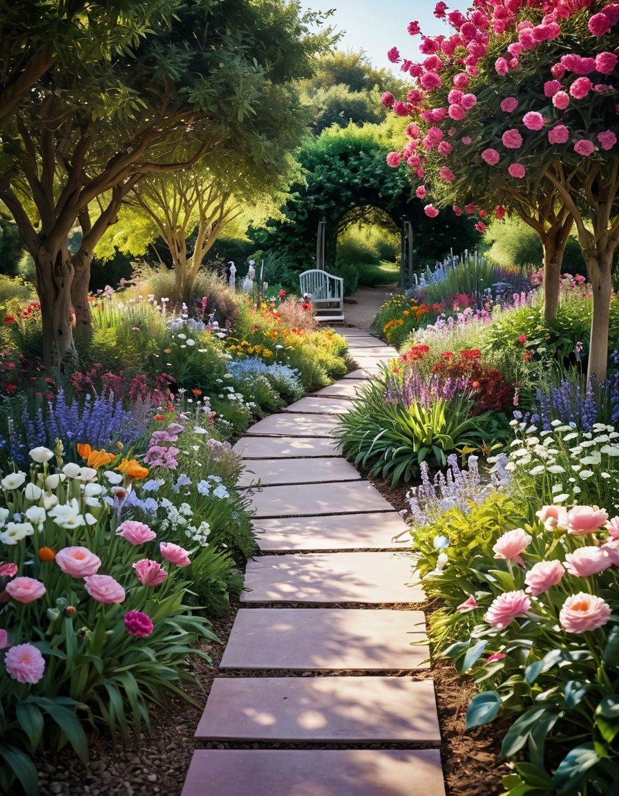 A serene landscape depicting a path through a vibrant garden symbolizing the cancer journey, with diverse people supporting each other, sharing knowledge; imagery of books and ribbons subtly integrated among the flowers, representing awareness and education. super-realistic. vibrant colors. soft focus.