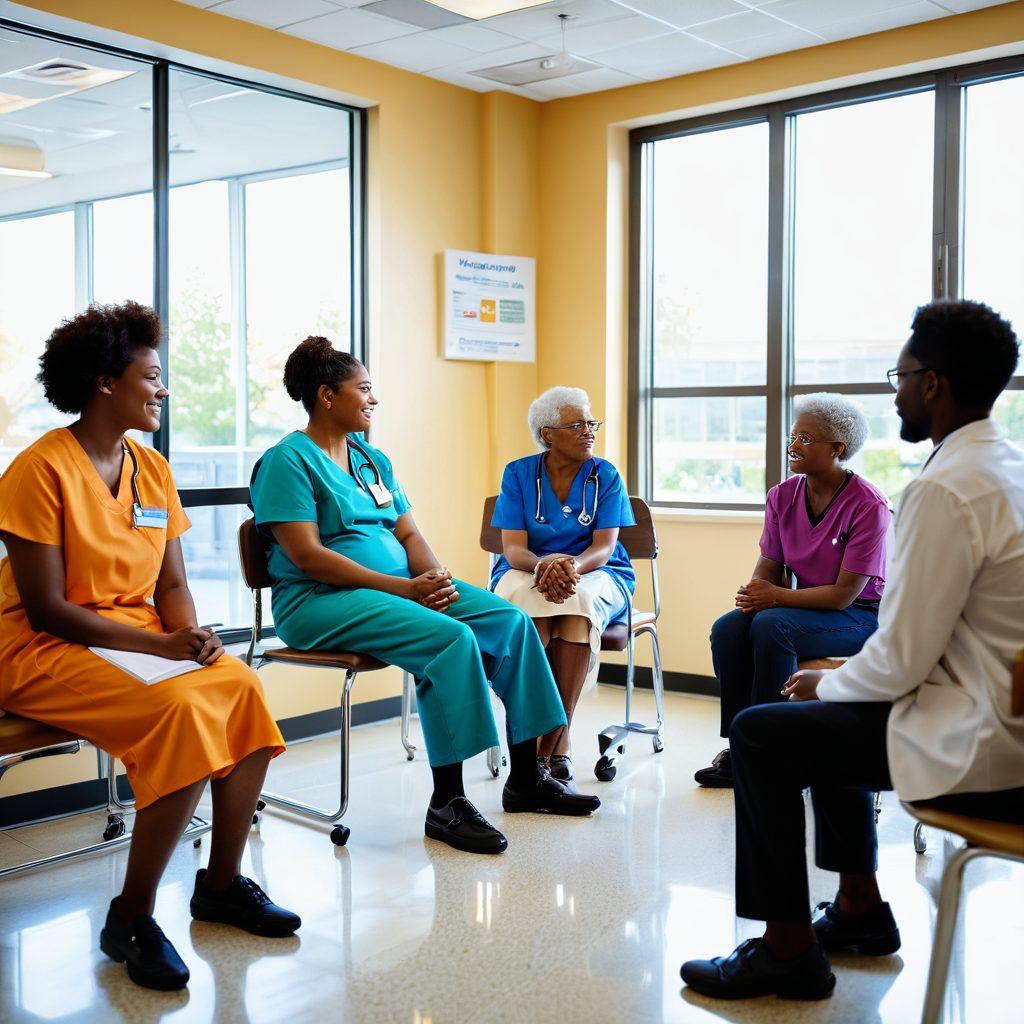 A diverse group of patients of different ages and backgrounds, sitting in a bright, welcoming hospital waiting room, engaging in conversations about their rights and options. Empowering visuals of informational pamphlets and supportive healthcare professionals are visible in the background. The atmosphere is hopeful and inclusive, with natural light streaming through large windows. super-realistic. vibrant colors. warm lighting.